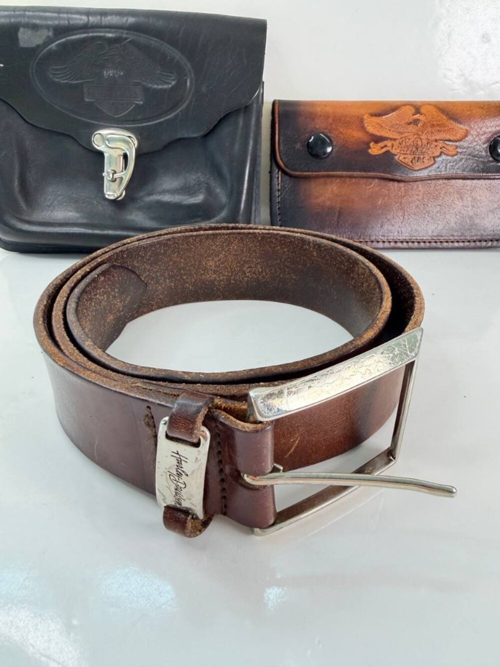 Harley-Davidson Leather Belt + Vintage Pouch & Wallet Set – Made in Italy